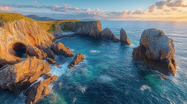 Sunlit rugged coastal cliffs and sea stacks with a sea cave, turquoise ocean waves and grassy cliff tops under a golden sunset sky evoking peaceful awe