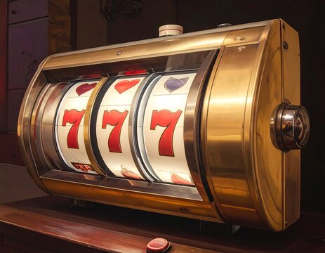 A close-up showcases a classic, golden, three-reel mechanical gambling device with illuminated displays, revealing a winning jackpot combination - Powered by Adobe