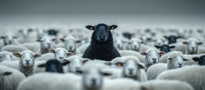 Solitary black sheep with yellow ear tags standing among a dense flock of white sheep, calm defiant gaze in a moody overcast field with shallow depth of field
