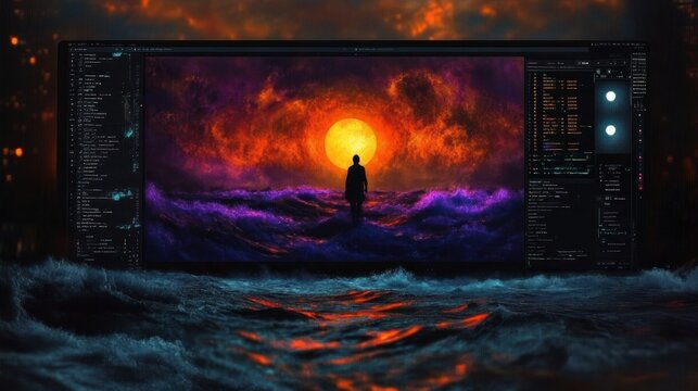 Solitary silhouette standing on violet waves beneath a blazing orange sun displayed on a widescreen monitor with code at the sides, reflected in dark turbulent water, mysterious and contemplative