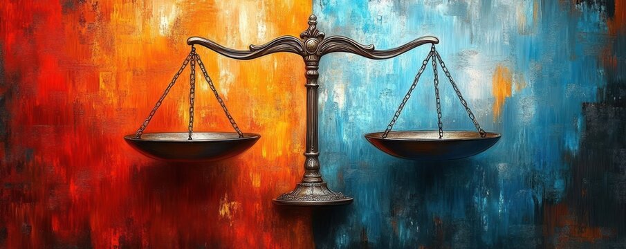 antique brass balance scale centered against a textured split background of warm red-orange and cool blue, evoking equilibrium, tension, and calm harmony