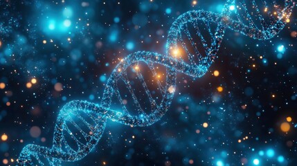 Glowing blue DNA double helix made of sparkling particles floating in cosmic bokeh lights, evoking wonder and discovery