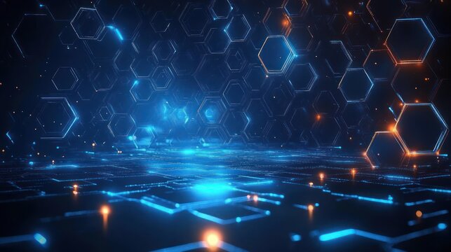 Futuristic hexagonal grid and glowing nodes over a circuit-like digital floor, neon blue panels with orange accents and an immersive high-tech sci-fi atmosphere - Powered by Adobe
