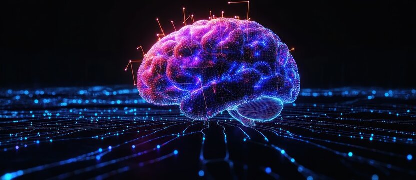Glowing neon wireframe brain with illuminated nodes floating above a luminous data grid on a dark background, futuristic and energetic neural network visualization
