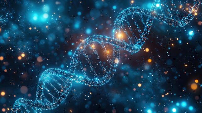 Glowing blue DNA double helix made of sparkling particles floating in cosmic bokeh lights, evoking wonder and discovery
