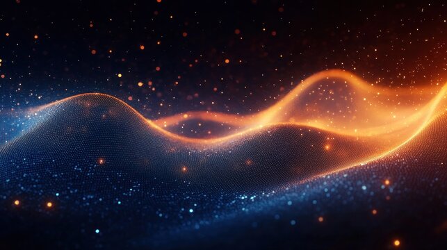 glowing orange energy wave flowing over a blue particle mesh with sparkling lights and starry specks, conveying serene futuristic motion and luminous depth