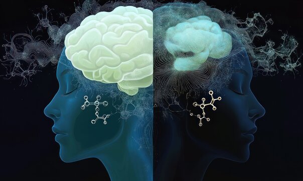 two contrasting brains glowing against a dark background: a solid pale green brain and a translucent blue network brain connected by filaments, evoking introspection and futuristic curiosity