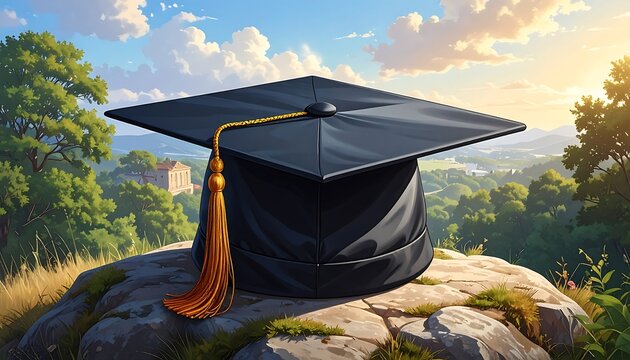 A black square academic cap with golden tassel rests atop a rock, set against a background of rolling hills and a sunny sky
