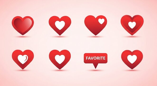 A collection of eight glossy red heart icons and a favorite button, suitable for social media and UI design.
