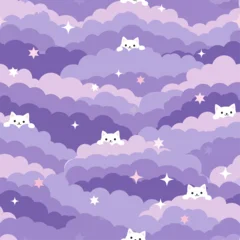 Playful white cats peek over layers of soft violet and lilac clouds, accented by twinkling stars, in this dreamy seamless pattern that captures the soothing and whimsical essence of a magical night © Skyframe