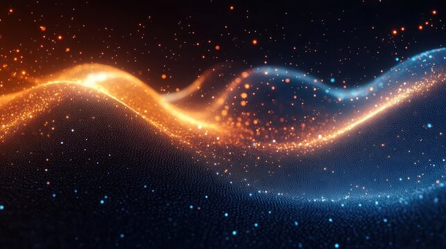 glowing orange and blue particle waves flowing across a dark field, sparkling and dynamic, evoking futuristic motion and ethereal energy