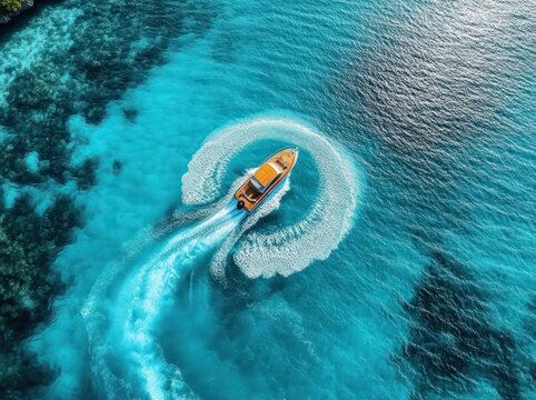 Aerial view of a lone speedboat carving a circular wake in vibrant turquoise ocean near coral reef, evoking exhilaration and freedom - Powered by Adobe