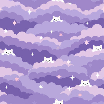 Playful white cats peek over layers of soft violet and lilac clouds, accented by twinkling stars, in this dreamy seamless pattern that captures the soothing and whimsical essence of a magical night