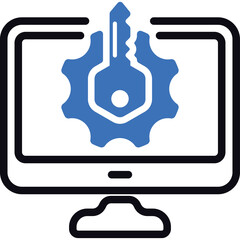 Digital Security Icon Featuring A Computer Monitor Displaying A Blue Key Symbol Overlapping A Gear Mechanism Against A White Background