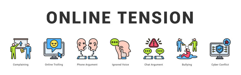 Online Tension Modern and clean web banner illustration featuring thematic icons for visual communication