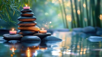 Stacked smooth river stones with glowing tealight candles by calm water, bamboo and leaves in soft golden bokeh, serene and tranquil spa scene