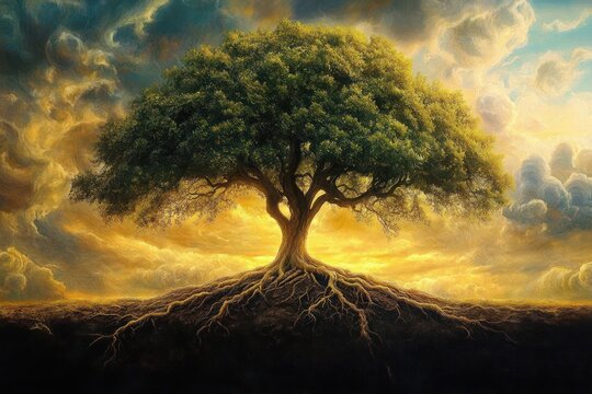 Majestic solitary tree with exposed roots and wide leafy canopy bathed in golden sunrise light beneath dramatic swirling clouds, evoking resilience and serene awe