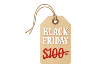Black friday sale price tag offering a special discount, showing a lower cost for retail shopping on a transparent background