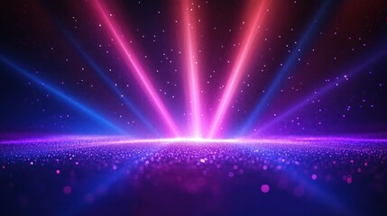 Glittering purple and blue particle field with radiant pink and blue light beams rising from a glowing horizon into a starry cosmic background, evoking futuristic wonder and energy