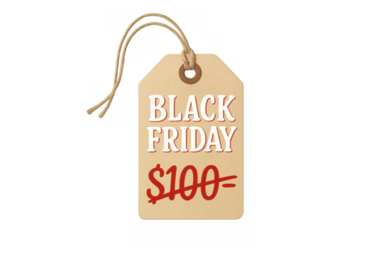 Black friday sale price tag offering a special discount, showing a lower cost for retail shopping on a transparent background