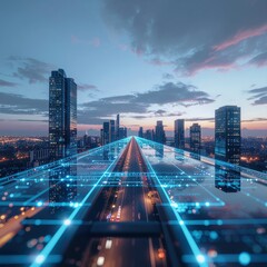 Futuristic Cityscape with AI Hologram Overlay