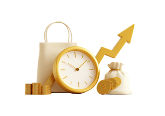 3D Bag, coins, clock, arrow suggest growing earnings