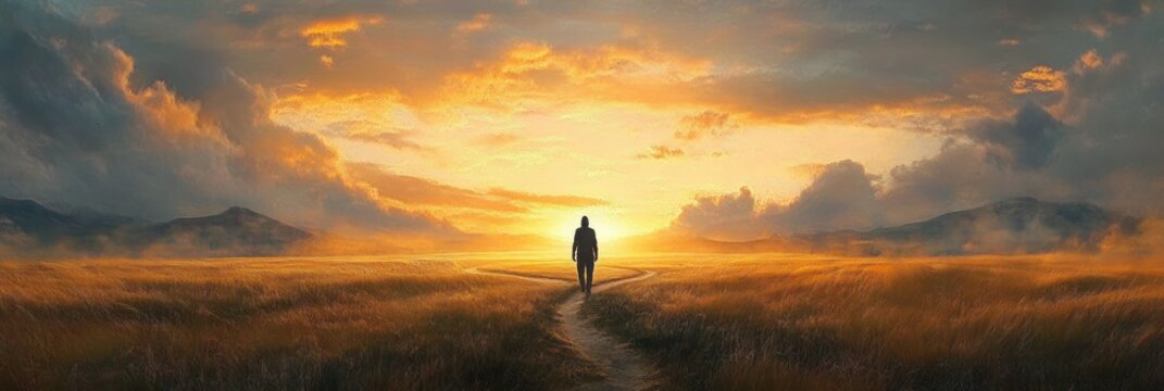 solitary figure walking along a narrow path through golden grass toward a radiant sunrise over distant hills with dramatic clouds, evoking solitude and hopeful journey - Powered by Adobe