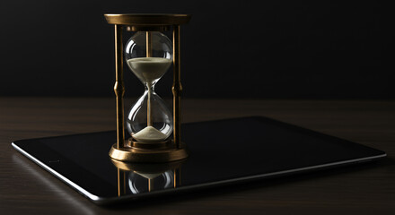 Hourglass on a tablet symbolizing time as a valuable business resource, ideal for concepts of time management, productivity, and self-development strategies in the digital age.