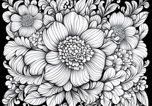 intricate black and white floral composition with a large central blossom, layered petals, swirling leaves and delicate ornate linework conveying elegant serenity