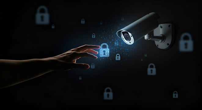 Human hand interacts with glowing digital padlock, symbolizing cybersecurity and data privacy protection, monitored by a surveillance camera for network security concepts