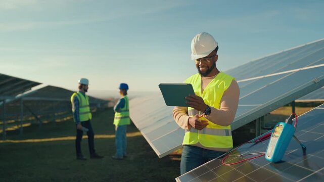 Workers inspect solar panels and technology on a renewable energy site in bright sunlight - Powered by Adobe