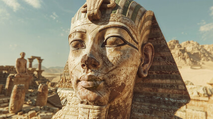 Ancient Egyptian sphinx statue at Giza archaeological site with pyramid monuments in desert landscape depicting pharaonic civilization heritage and historical tourism destination