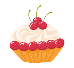 Cream dessert with whipped vanilla cream short crust pastry and cherries hand drawn texture illustration. Sweet tartlet pastry dessert art. Vector hand drawn cartoon cream puff design for menu, print