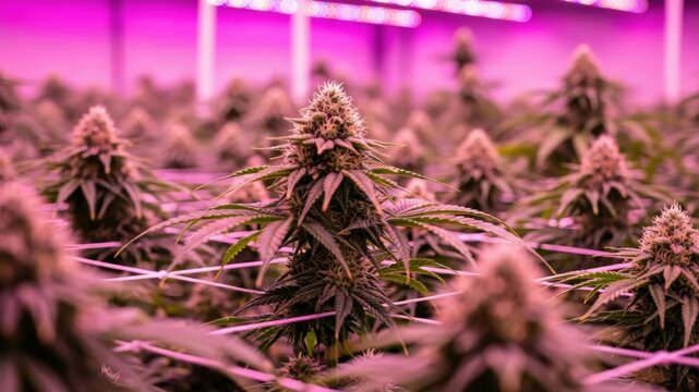 Commercial cannabis farm with mature plants growing under purple led lights. Indoor cultivation of marijuana for medicinal and recreational use in a modern vertical farm