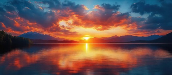 Fiery golden sunset over a mountain lake with dramatic clouds reflected on calm water, distant tree-lined shores and a peaceful, awe-inspiring atmosphere