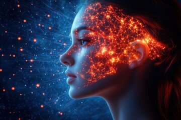 Profile of a human head with glowing orange neural network at the temple and red hair against a blue digital data field, evoking focused intensity