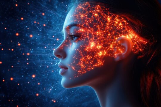 Profile of a human head with glowing orange neural network at the temple and red hair against a blue digital data field, evoking focused intensity