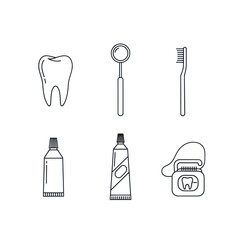 A set of simple line art icons representing dental care, oral hygiene, and stomatology tools.