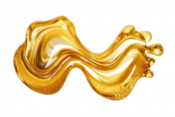A vibrant. flowing splash of golden oil. its smooth texture and glossy finish. set against a clean white background. ideal for culinary or beauty applications