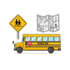 A vector illustration of a yellow school bus with a children crossing sign and a route map.