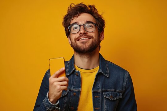 young man with curly hair holding smartphone in hand against vibrant yellow background wearing denim jacket and yellow shirt, appearing casual and confident - Powered by Adobe