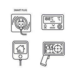 A set of linear icons for smart home devices: smart plug, thermostat, controller, and thermal imager.