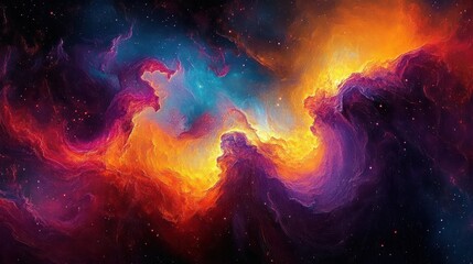 Vibrant swirling cosmic nebula of glowing orange, purple and blue clouds and distant stars evoking wonder and awe