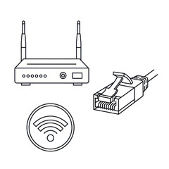 Internet and network connectivity icon set with a wireless router, ethernet plug, and Wi-Fi symbol in a simple line art style.