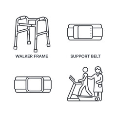 Medical rehabilitation and physical therapy line icon set with walker frame, support belt, and therapist.