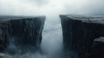 Two towering rocky cliffs separated by a fog-filled chasm, a bleak and ominous landscape evoking isolation and suspense