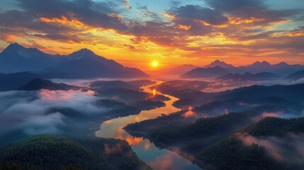 Golden sunrise over a misty mountain valley with a winding river, forested ridges, low fog and dramatic colorful clouds, evoking serene awe and tranquility