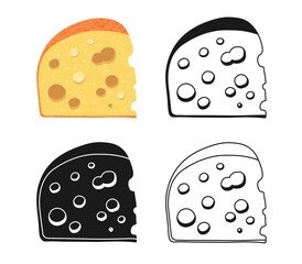 Cheese with holes cartoon clipart illustration and simple stylized symbols set. A piece of Swiss cheese slice linear doodle contour icon or spotted silhouette. Vector design for food or dairy projects