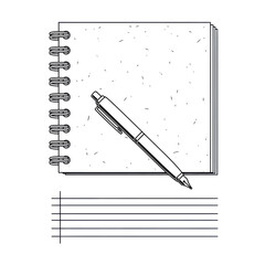 Minimalist black and white line art of a spiral notebook with a pen and lined paper.