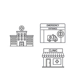 Medical building icon set including a hospital, emergency entrance, and clinic in a black line art style.